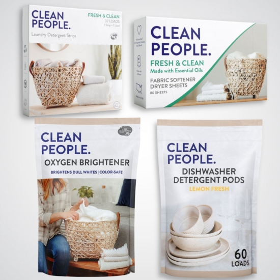 Try 4 Clean People Products for one low price!
Ultra Concentrated Laundry Detergent: Our #1 Product! Pack contains 32 Loads!
All Natural Fabric Softener Dryer Sheets: Leaves Clothes Feeling Soft with Reduced Static Cling. Pack contains 80 Loads!
Oxygen Brightener Stain Remover: Removes Stubborn Stains and Brightens Colors & Dull Whites. A Must Have for Every Home! Pouch contains 41oz!
All Natural Dishwasher Detergent Pods: For Sparkling Clean Dishes Every Time! Pack contains 60 loads!
