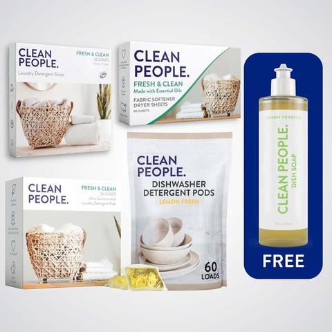 Get the 4 favorite Clean People Products + a free Lemon Verbena Dish Soap!
32 Pack Laundry Detergent Sheets
32 Pack Laundry Detergent Pods
80 Count Dryer Sheets
60 Load Dishwasher Detergent
BONUS FREE Lemon Verbena Dish Soap