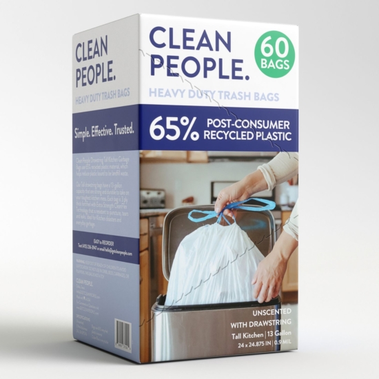 When you have to use plastic, we say use recycled plastic! Clean People Garbage Bags are made with 65% post-consumer recycled material and are Made in the USA.
Strong enough for your toughest kitchen messes.
13-gallon capacity with drawstring ties
3 ply thick with Extra Strength Flex Technology that is resistant to puncture, tears and leaks.
Ideal for Kitchen disasters and everyday garbage.
Clean People Tall Kitchen Garbage Bags use 65% recycled material which helps to reduce Ocean Plastics and landfill waste.  
#4 LLDPE/LDPE recyclable